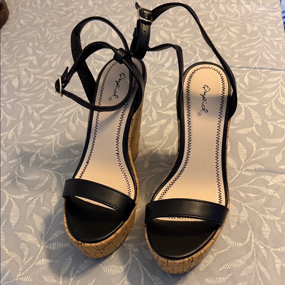 Qupid Black Cork Platform Ankle-Strap Wedges